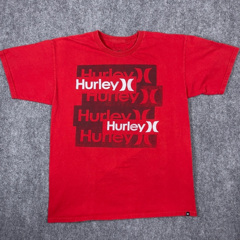 Hurley Graphic T-Shirt Mens Large Red Stacked Logo Short Sleeve Classic Fit
